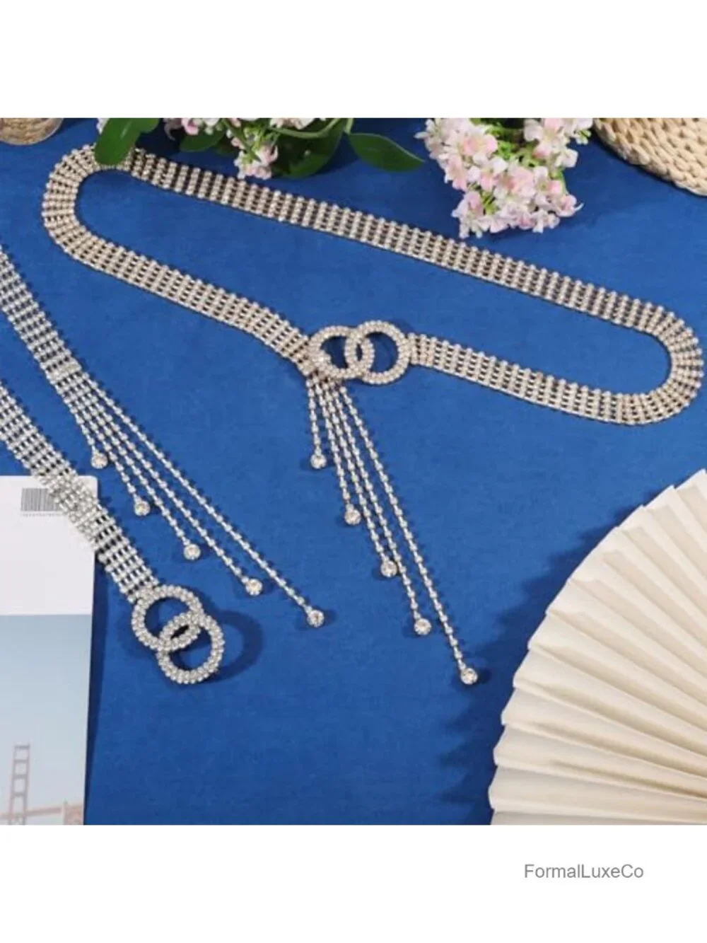 Crystal Rhinestone Belt Double O-Ring Waistband 100cm Women's Wedding